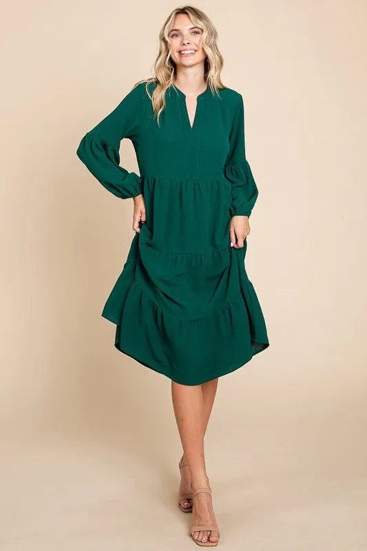 Green Tiered V Neck Long Sleeve Ruffle Hem Midi Dress