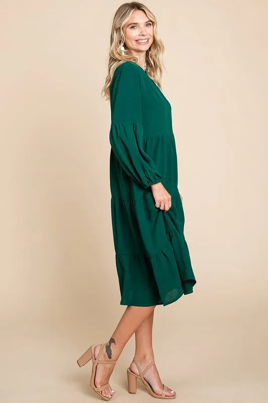 Green Tiered V Neck Long Sleeve Ruffle Hem Midi Dress