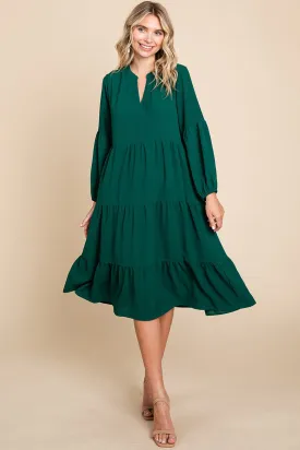 Green Tiered V Neck Long Sleeve Ruffle Hem Midi Dress