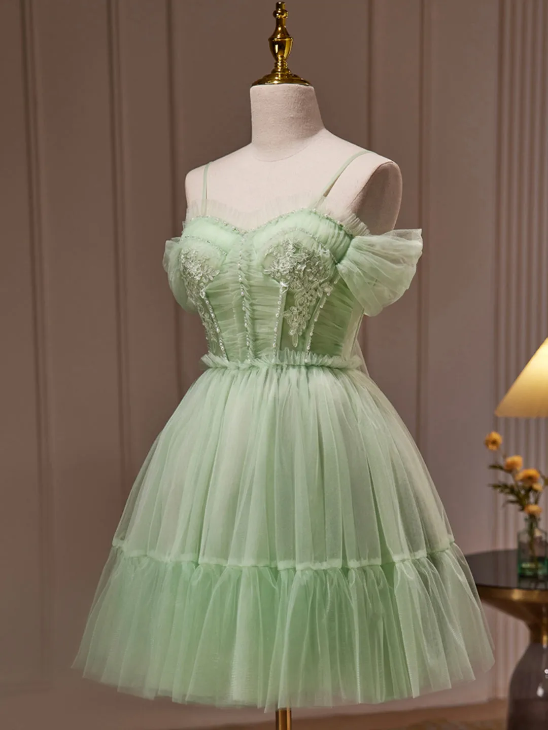 Green Tulle Lace Short Prom Dress Cute Homecoming Dress Green Party Dress