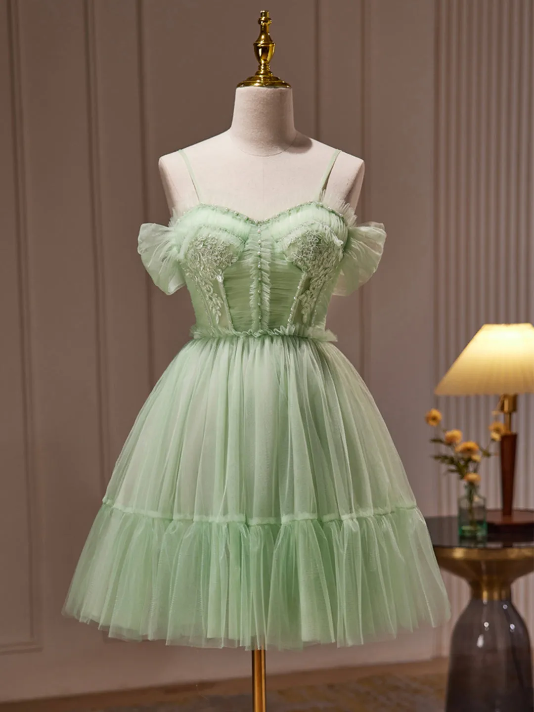 Green Tulle Lace Short Prom Dress Cute Homecoming Dress Green Party Dress