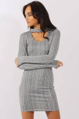 Grey Ribbed Cut Out Front Bodycon Dress - Lenny