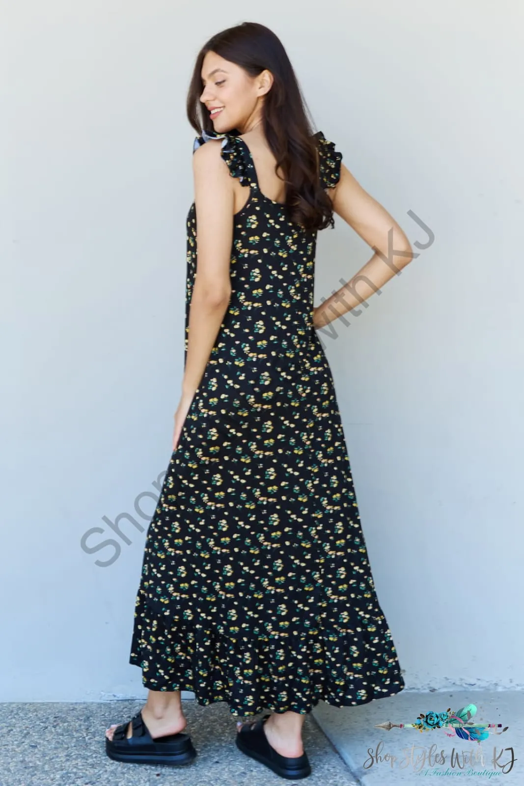 In The Garden Ruffle Floral Maxi Dress in Black Yellow Floral