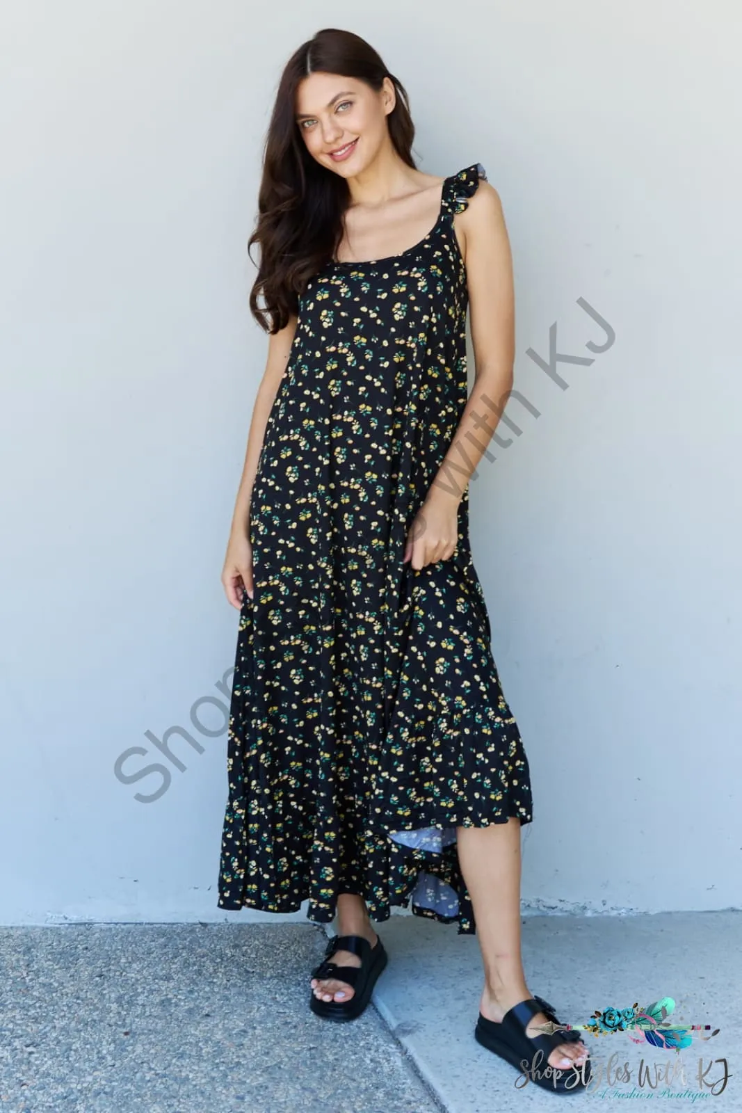 In The Garden Ruffle Floral Maxi Dress in Black Yellow Floral