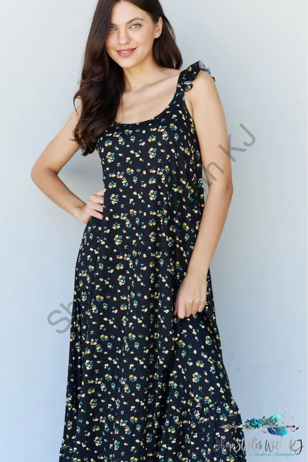 In The Garden Ruffle Floral Maxi Dress in Black Yellow Floral