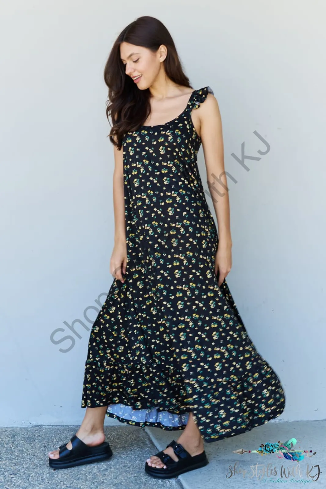 In The Garden Ruffle Floral Maxi Dress in Black Yellow Floral