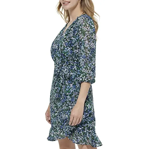 Karl Lagerfeld Paris Women's Printed Tie Waist Ruffled Hem Dress Blue