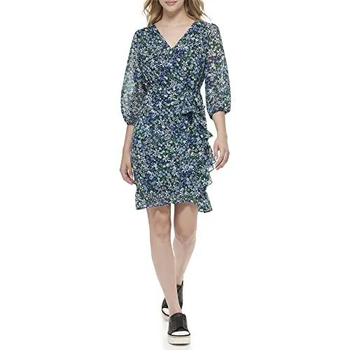 Karl Lagerfeld Paris Women's Printed Tie Waist Ruffled Hem Dress Blue