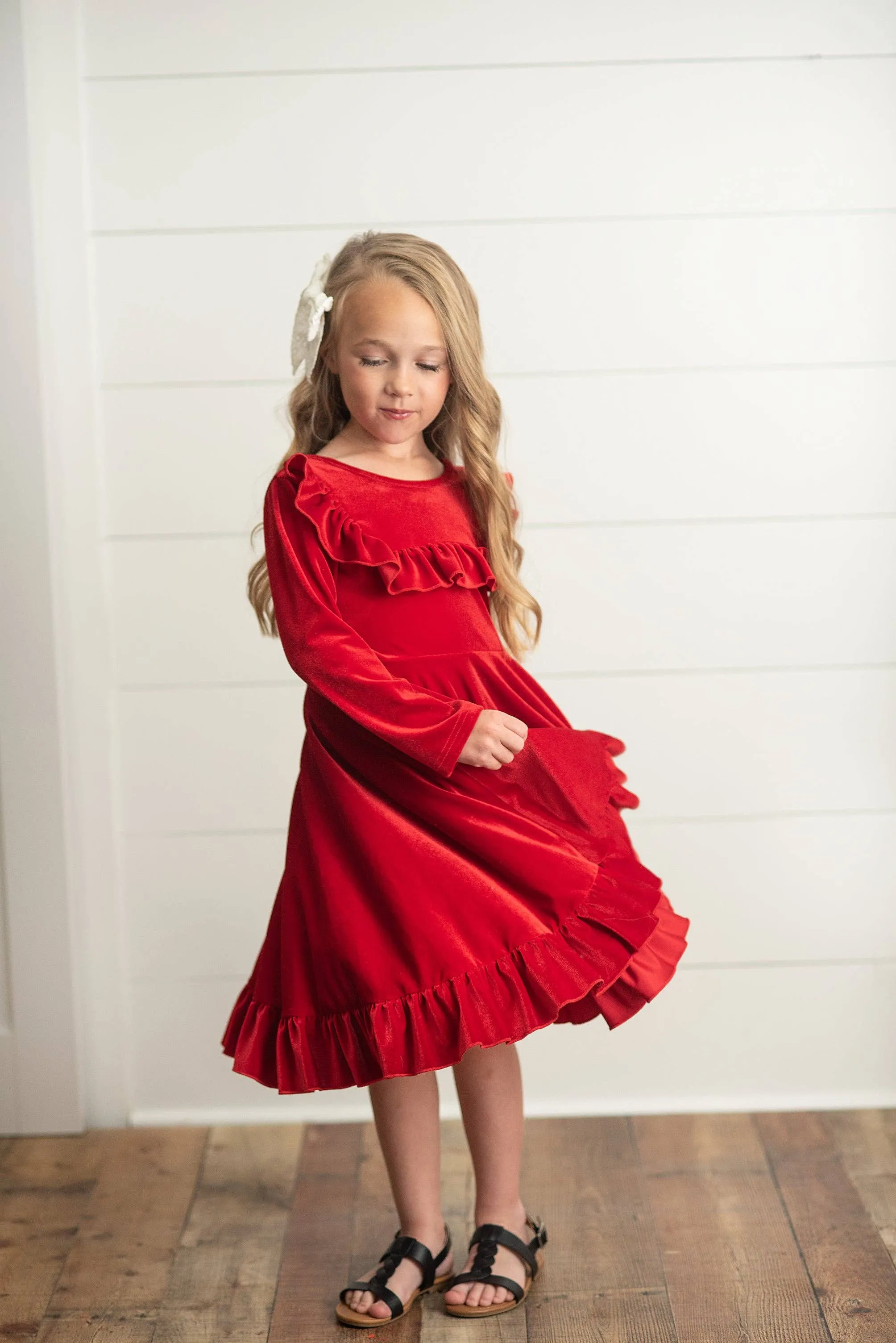 Kids Red Velvet Ruffle Fancy Winter Christmas Party Dress