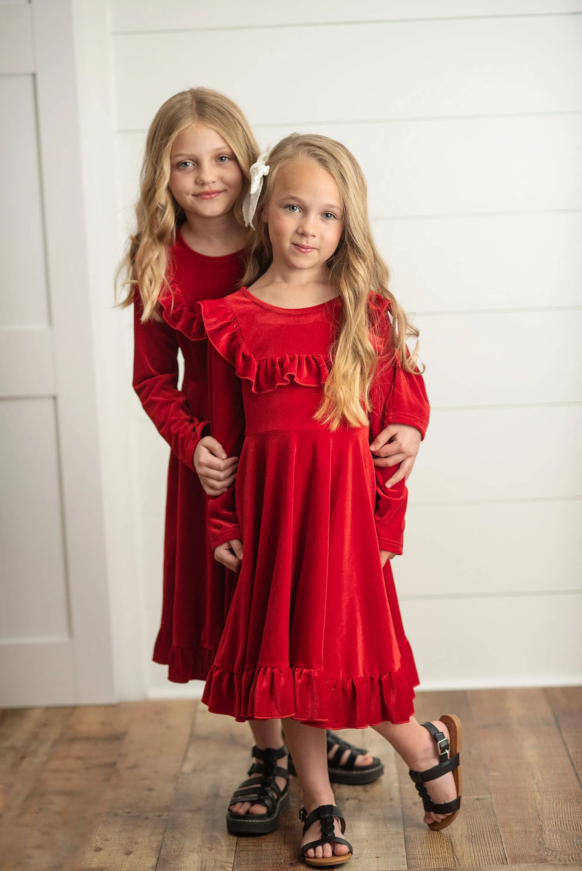 Kids Red Velvet Ruffle Fancy Winter Christmas Party Dress