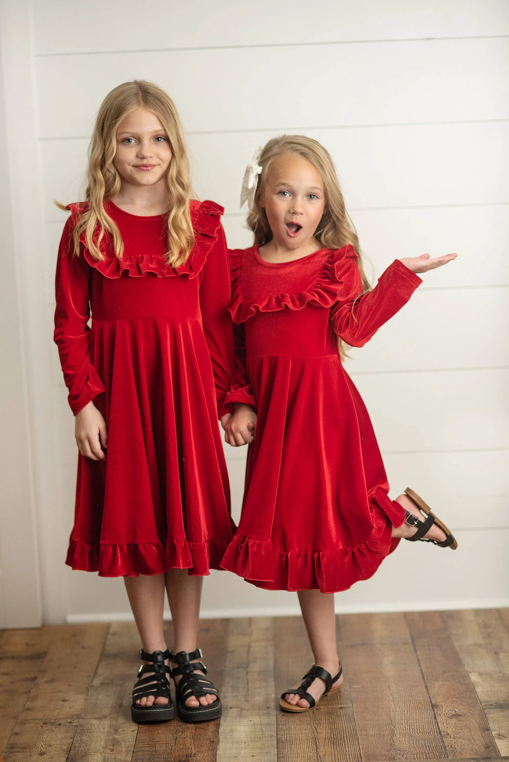 Kids Red Velvet Ruffle Fancy Winter Christmas Party Dress