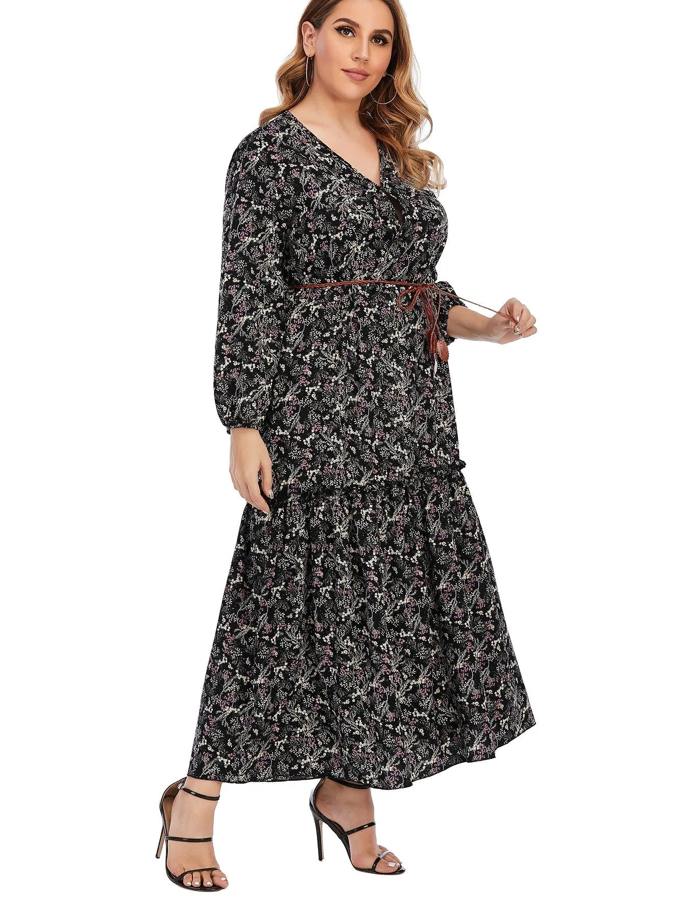 KittenAlarm - Plus Size Paisley Print Ruffled Hem Maxi Dress with Waist Belt