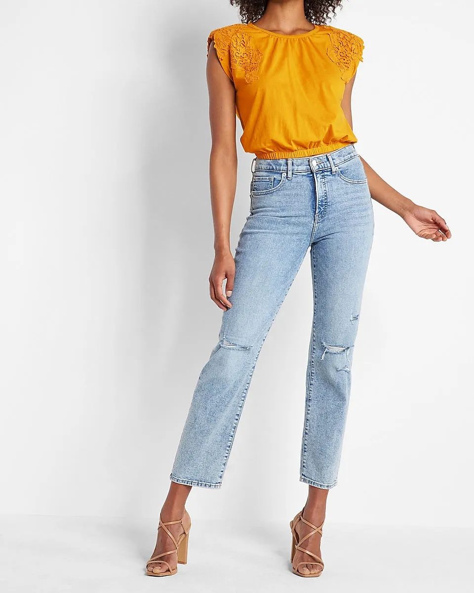 Lace Strong Shoulder Cropped Top in Golden Yellow