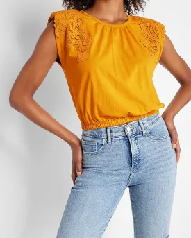 Lace Strong Shoulder Cropped Top in Golden Yellow