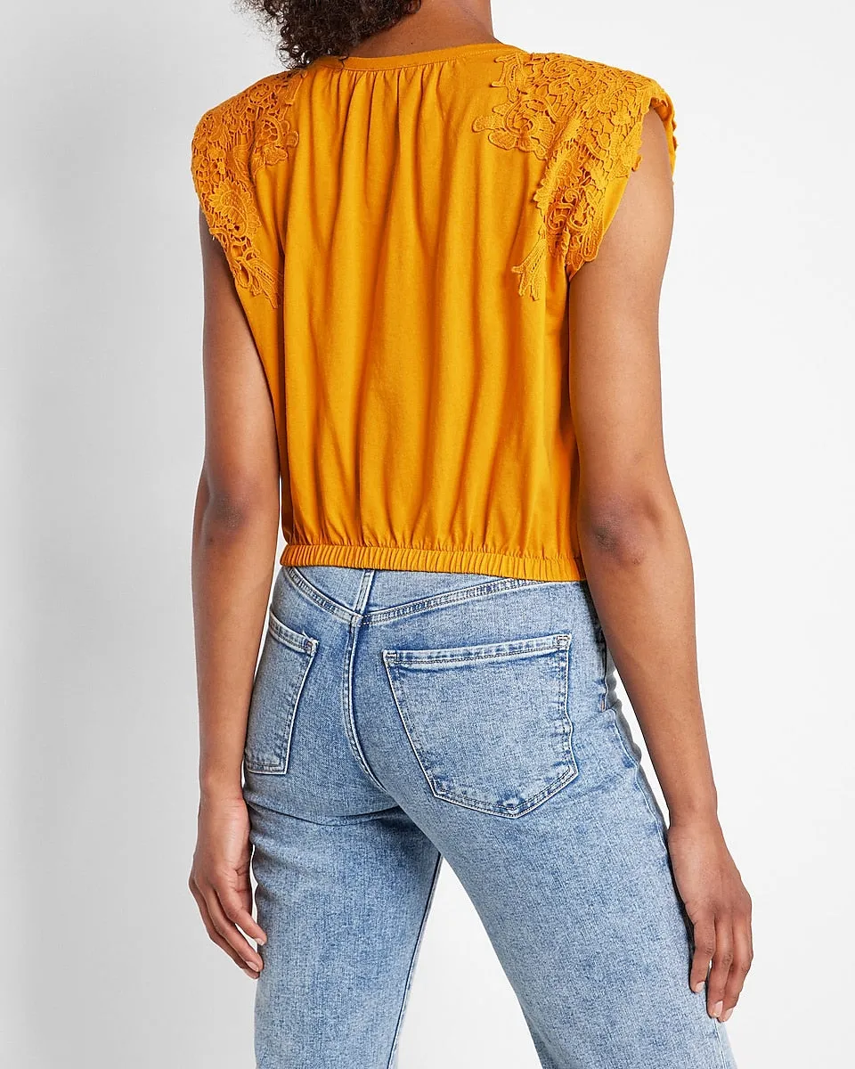 Lace Strong Shoulder Cropped Top in Golden Yellow