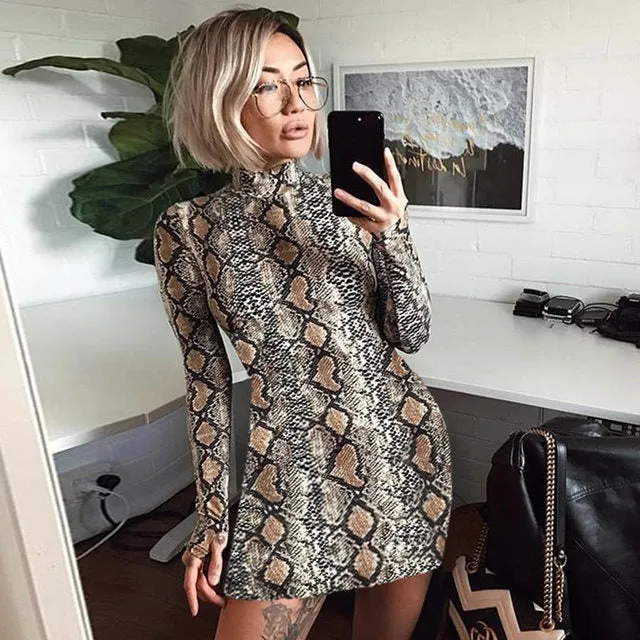 Ladies Mock neck snake skin print bodycon dress