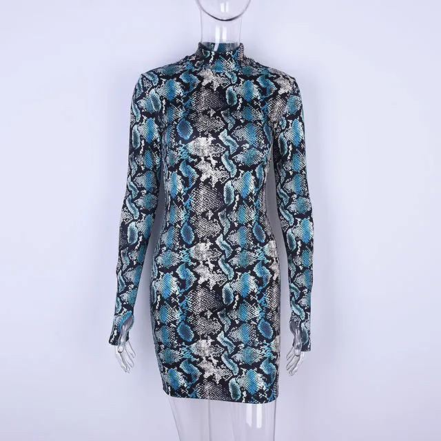 Ladies Mock neck snake skin print bodycon dress