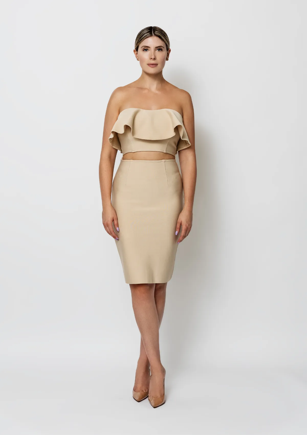 Lola Strapless Ruffle Bandage Dress In Nude