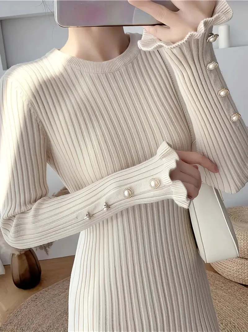 Long Sleeve Bodycon Ribbed Ruffle Hem Dress