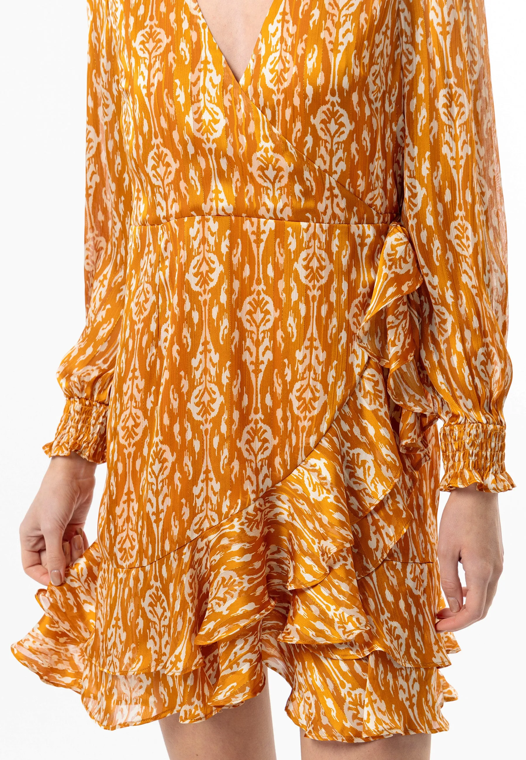 Long Sleeve Ruffle Hem Mini Wrap Dress in Orange Print