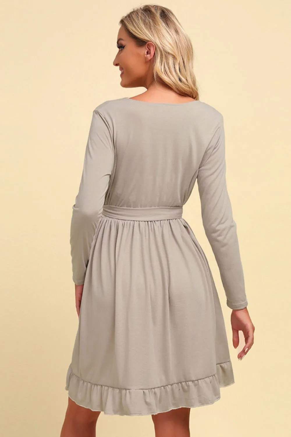 Long Sleeve Tie Waist Ruffle Hem Dress