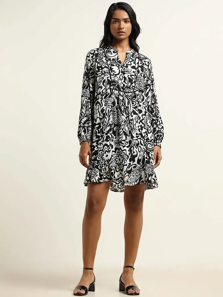 LOV Black and White Printed Cotton A-Line Dress