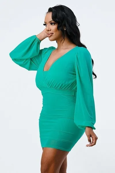 Lux Mesh Layered Lining V Neck Bubble Slv Bodycon Dress