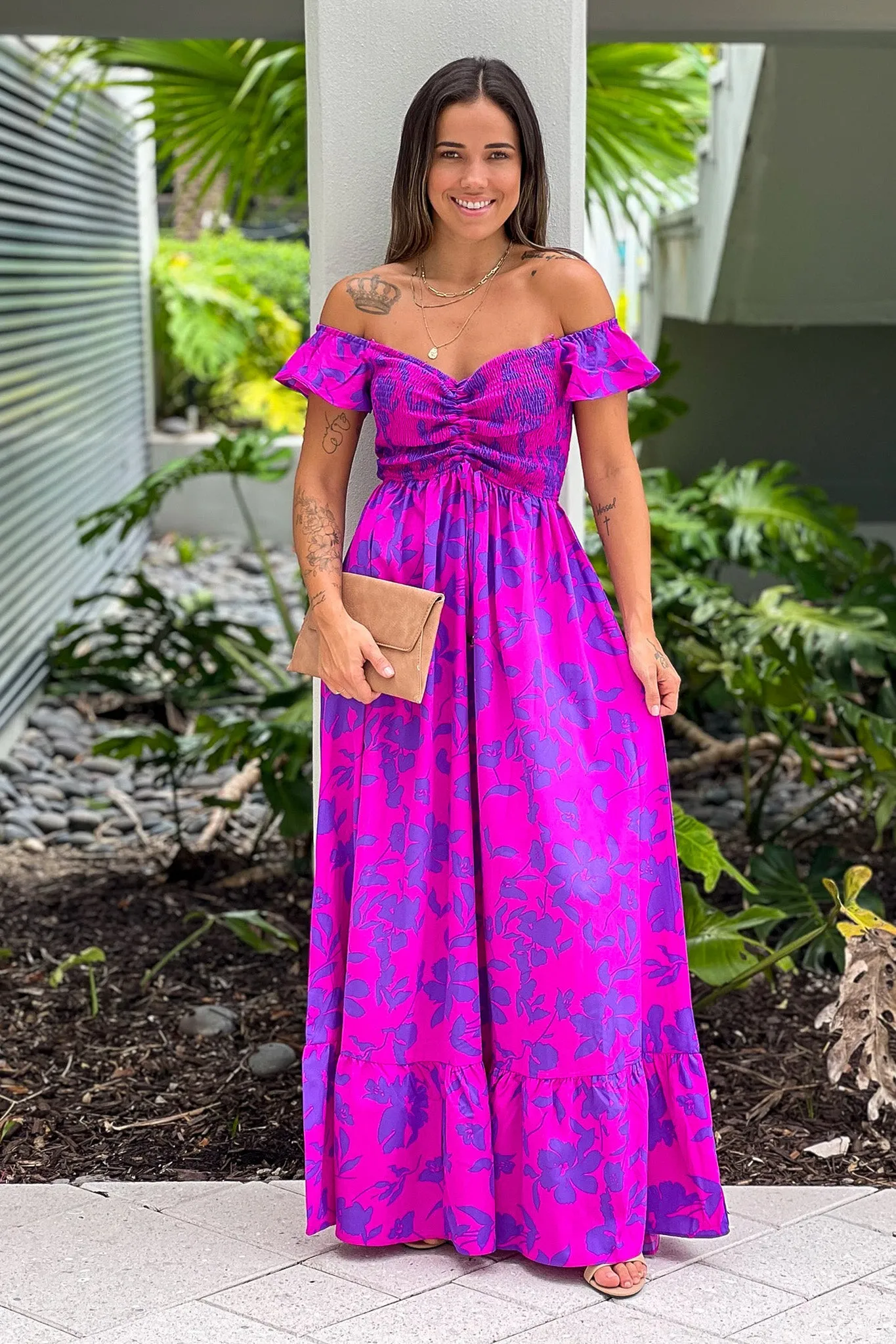 Magenta Printed Off Shoulder Maxi Dress