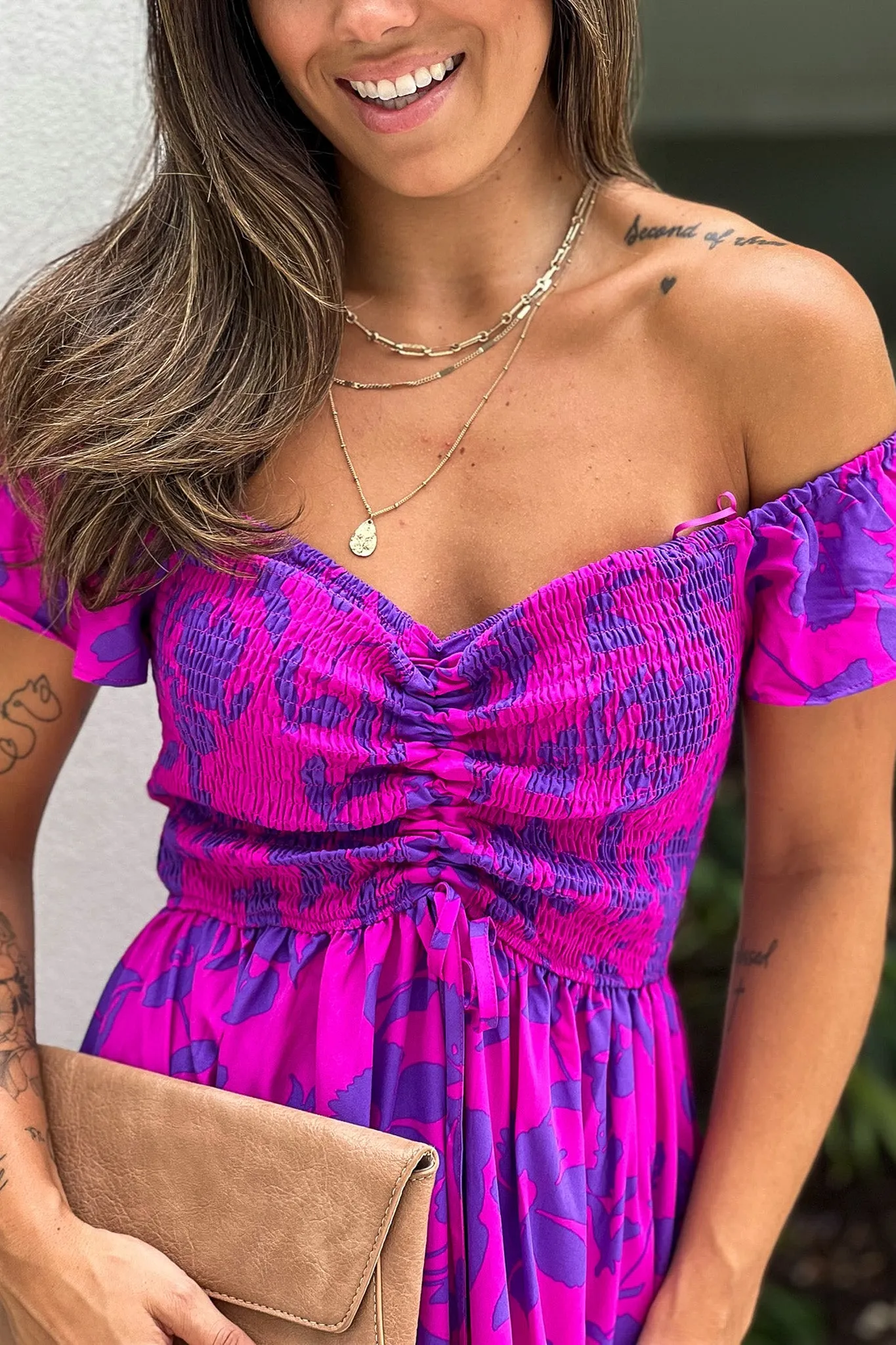 Magenta Printed Off Shoulder Maxi Dress