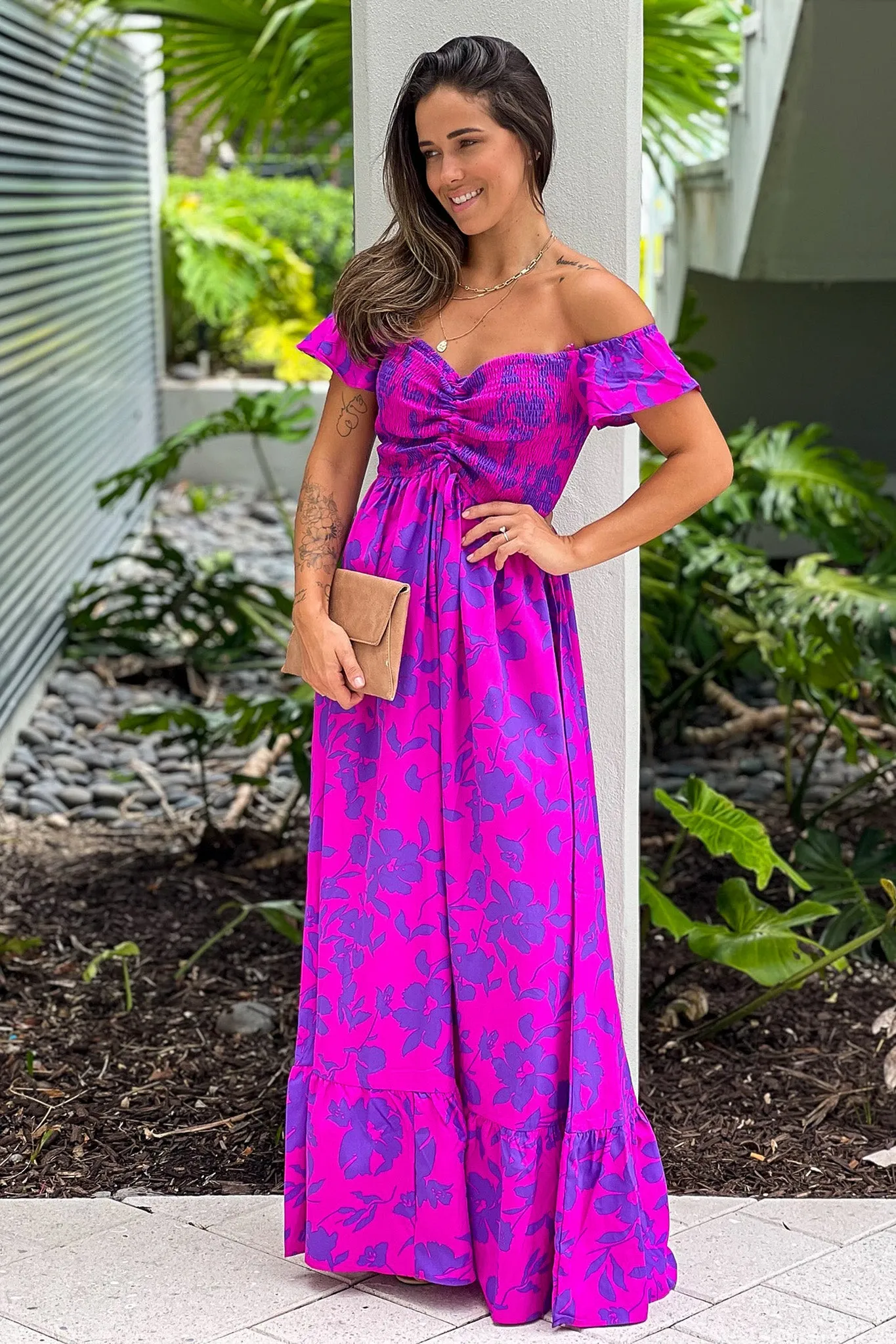 Magenta Printed Off Shoulder Maxi Dress