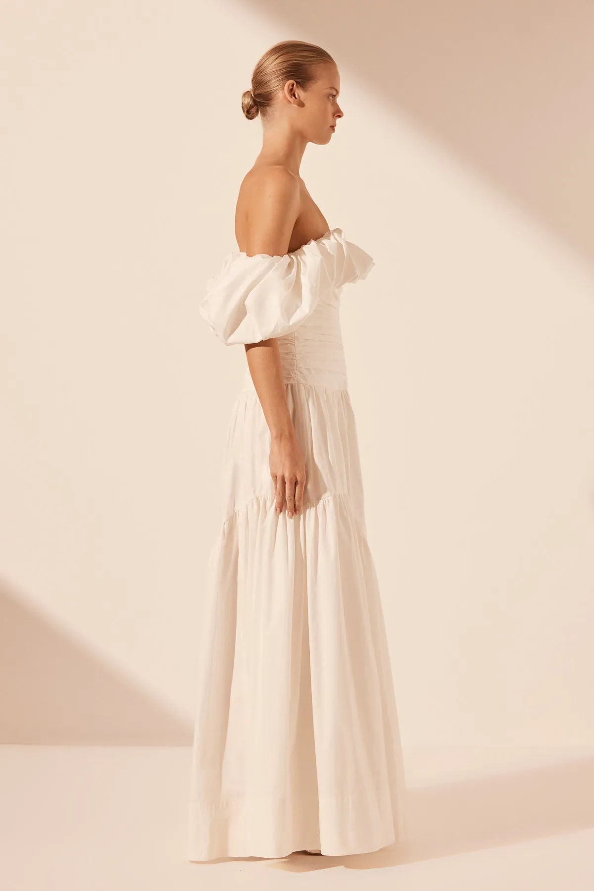 MAIORI OFF SHOULDER RUCHED BODICE MAXI DRESS - IVORY