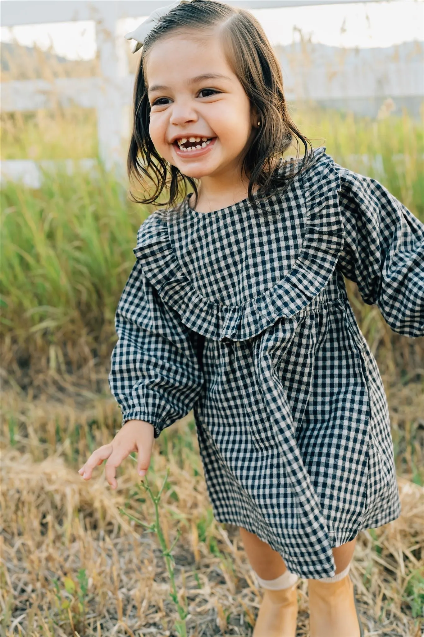 Mebie Baby Gingham Long Sleeve Ruffle Linen Dress