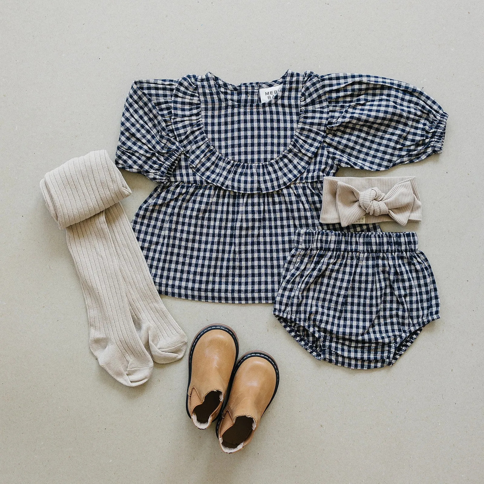 Mebie Baby Gingham Long Sleeve Ruffle Linen Dress