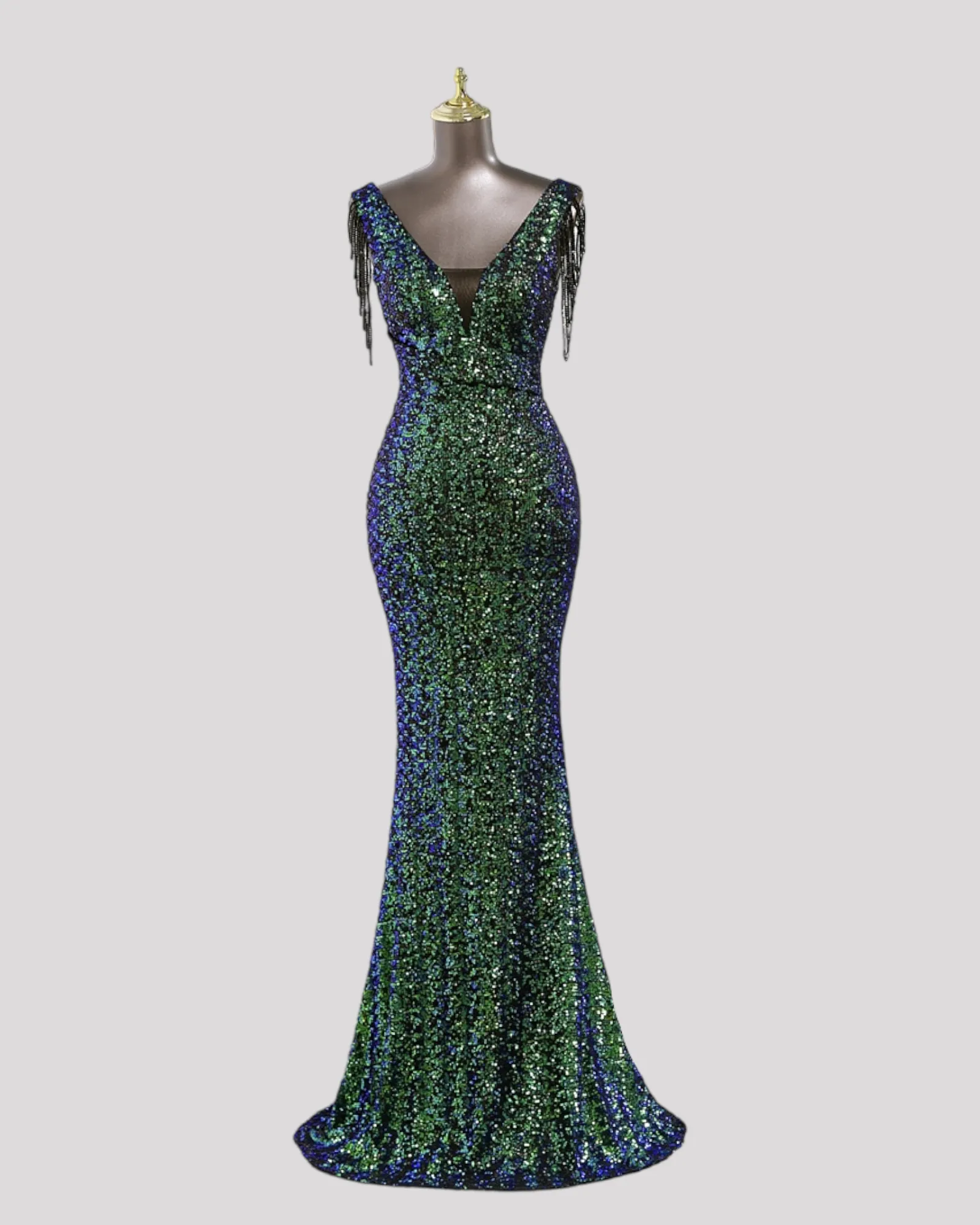 Mermaid Sequin Dress with Pleating detail over waist and Beaded illusion Sleeves