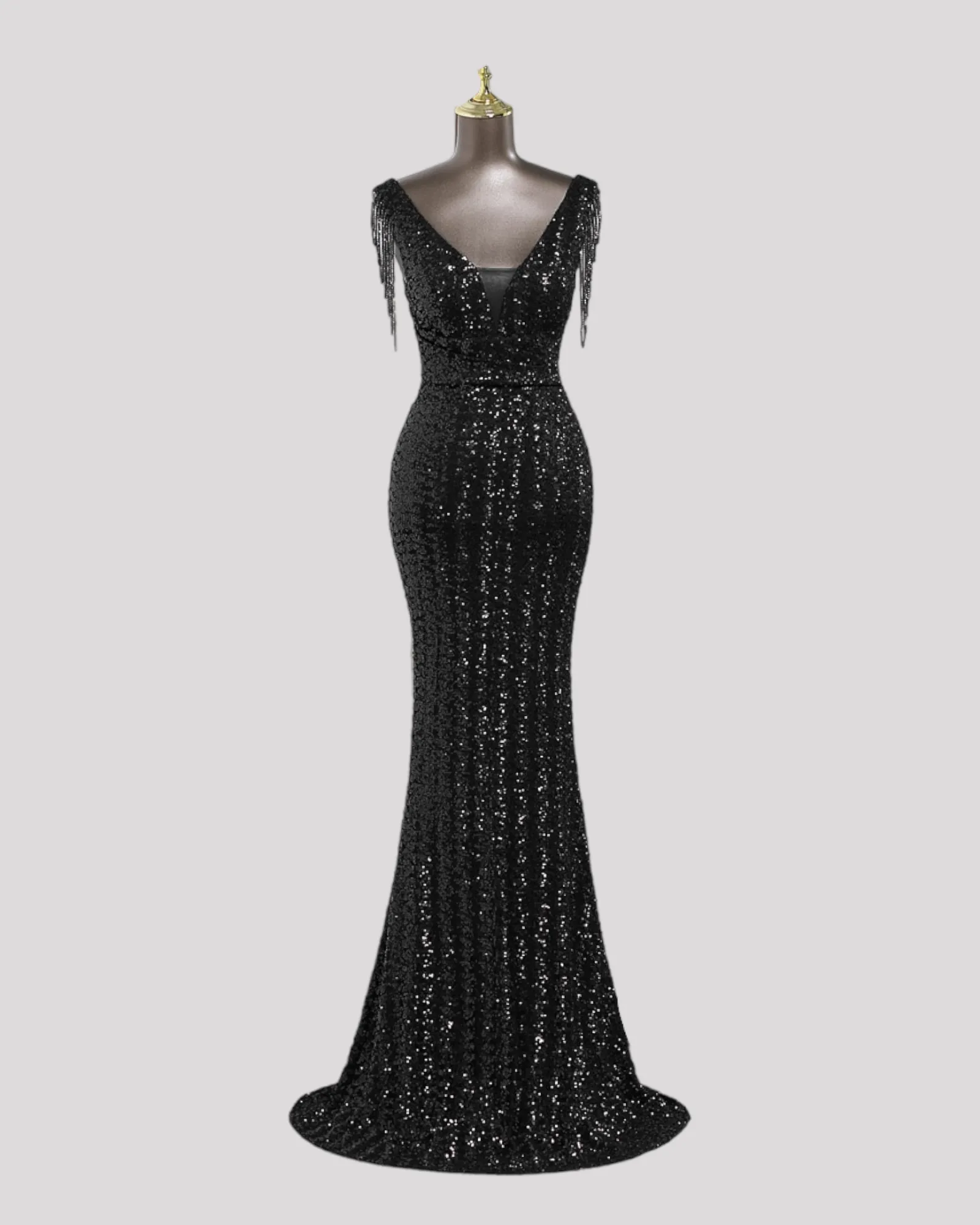 Mermaid Sequin Dress with Pleating detail over waist and Beaded illusion Sleeves