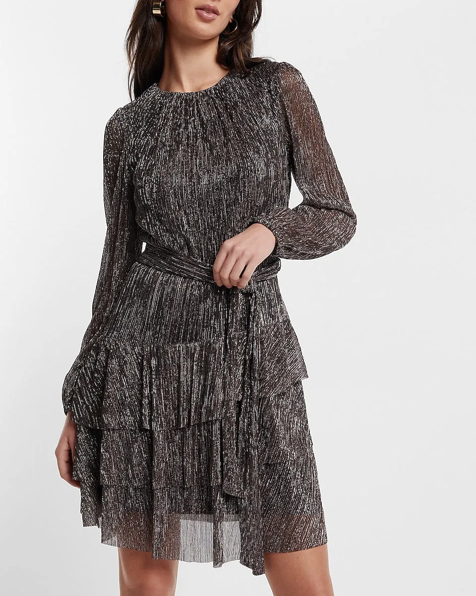 Metallic Long Sleeve Tie Waist Tiered Ruffle Mini Dress in Metallic Black