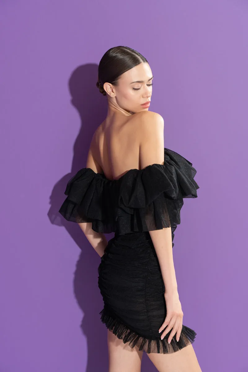 New Womens Off The Shoulder Ruffle Sexy Tulle Strapless Party Mini Dress