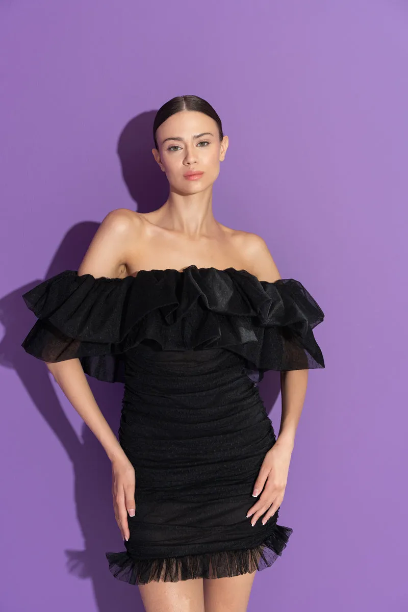 New Womens Off The Shoulder Ruffle Sexy Tulle Strapless Party Mini Dress