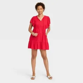 New - Women's Ruffle Short Sleeve A-Line Dress - Knox Rose Red XS