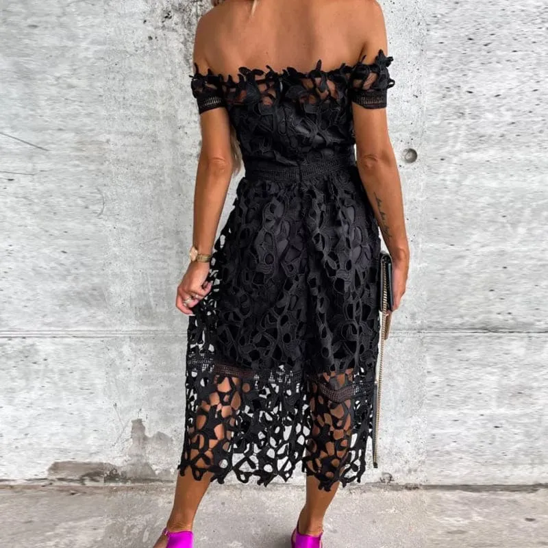 Off Shoulder Hollow Lace Dress Sexy Slash Neck Boho Dress