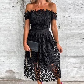 Off Shoulder Hollow Lace Dress Sexy Slash Neck Boho Dress