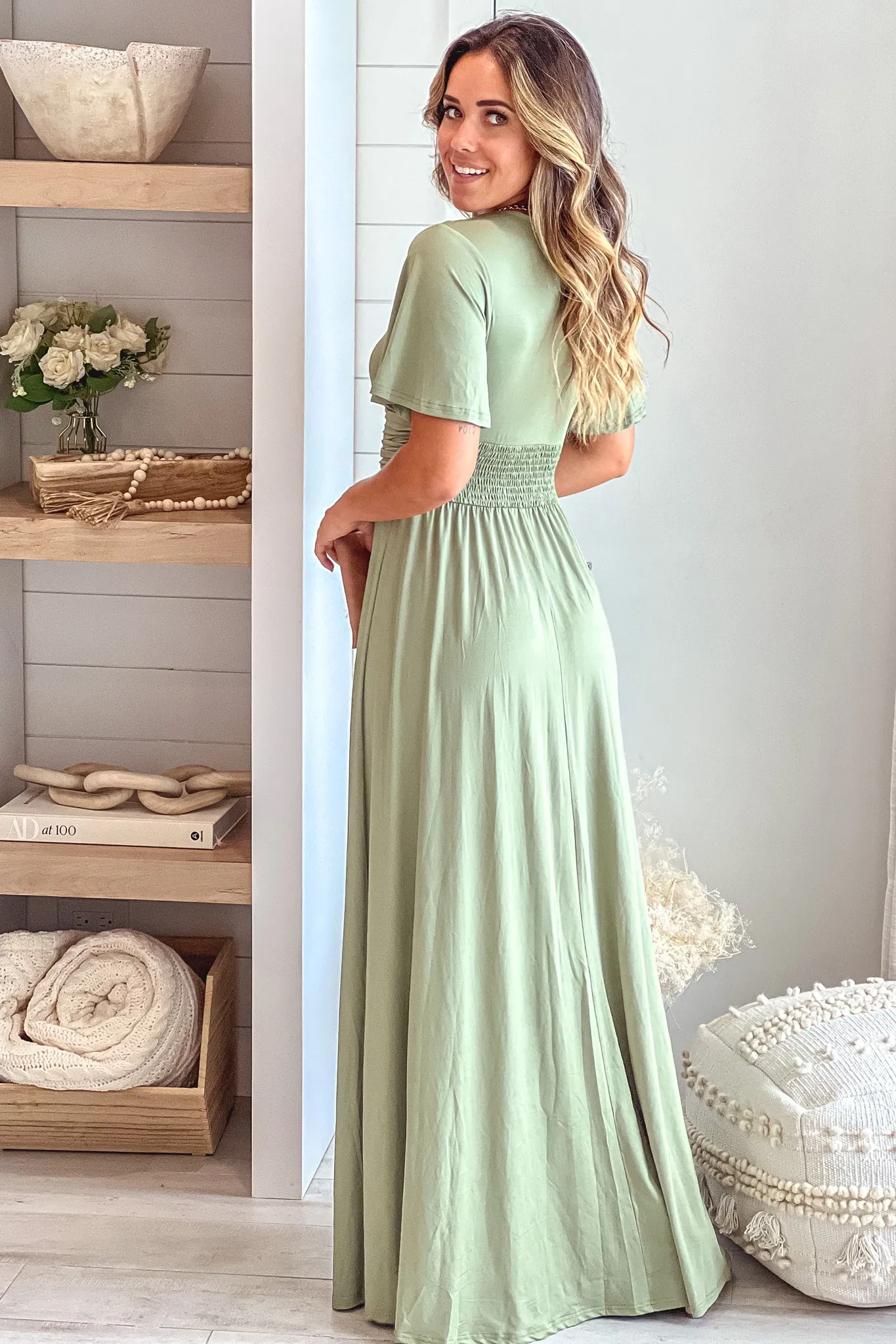 Olive Maxi Dress With Slit And Short Sleeves