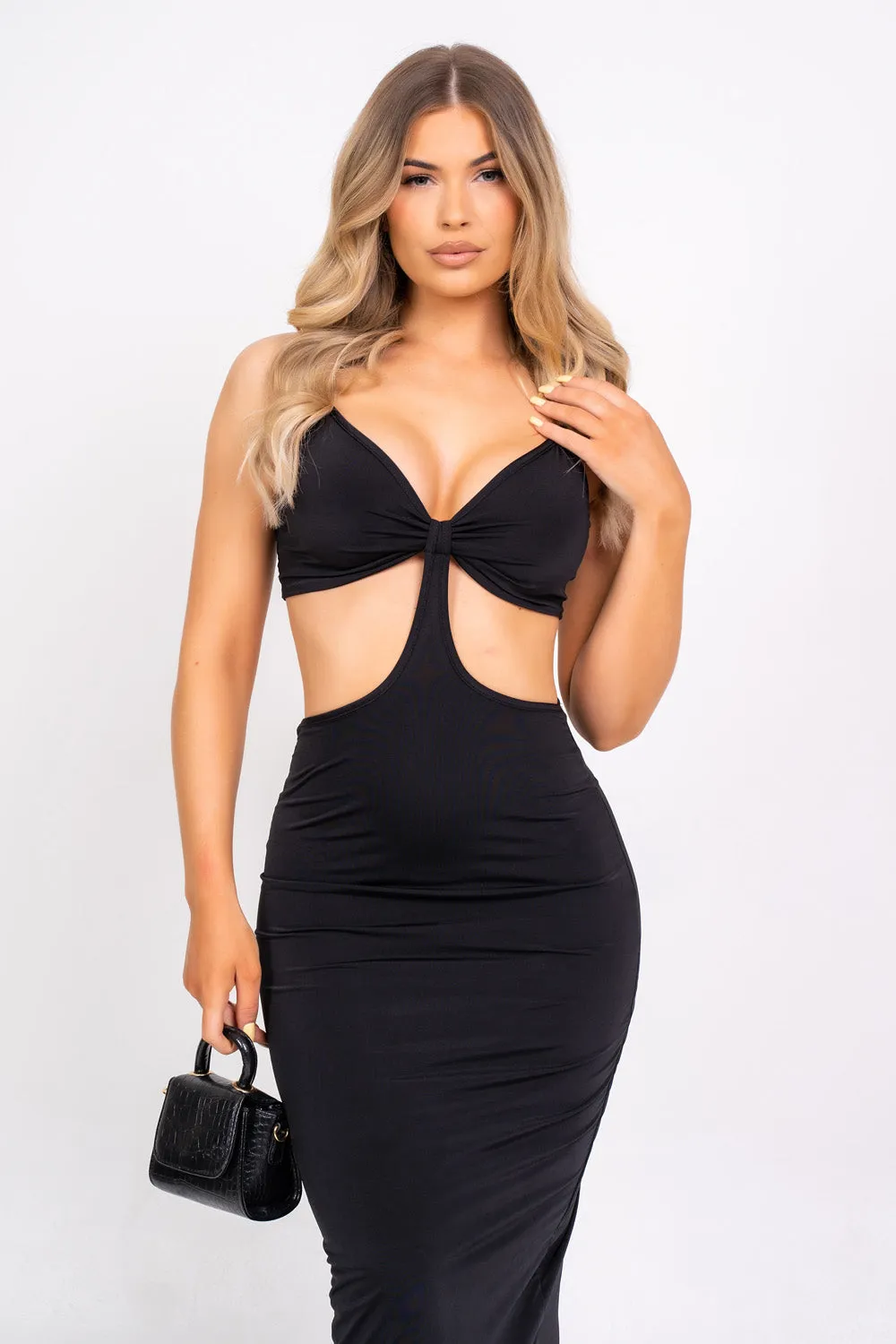 Over It Black Slinky Bodycon Strappy Cut Out Maxi Dress