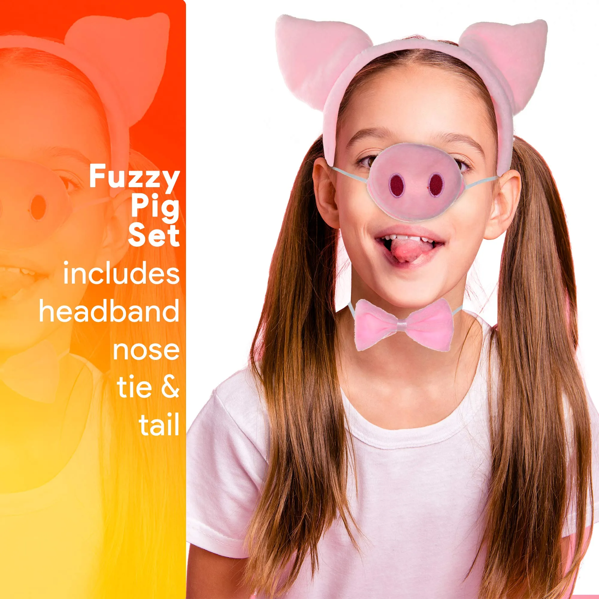 Pig Costume Accessories Set - Fuzzy Pink Pig Ears Headband, Bowtie, Snout and Tail Accessory Kit for Piglet Costumes for Toddlers and Kids