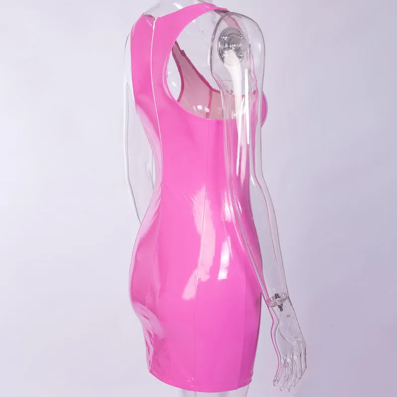 Pink Latex vinyl leather style bodycon fashion dress