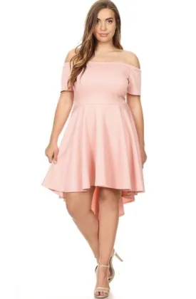 Plus Pink Dress Off Shoulder Hi Lo Short Sleeve Solid Cocktail Sexy Party