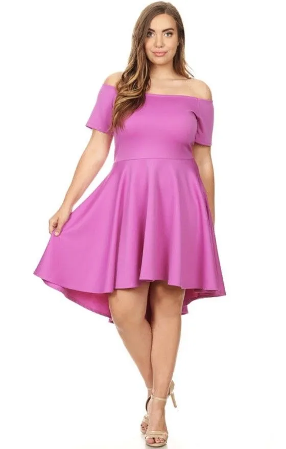 Plus Pink Dress Off Shoulder Hi Lo Short Sleeve Solid Cocktail Sexy Party