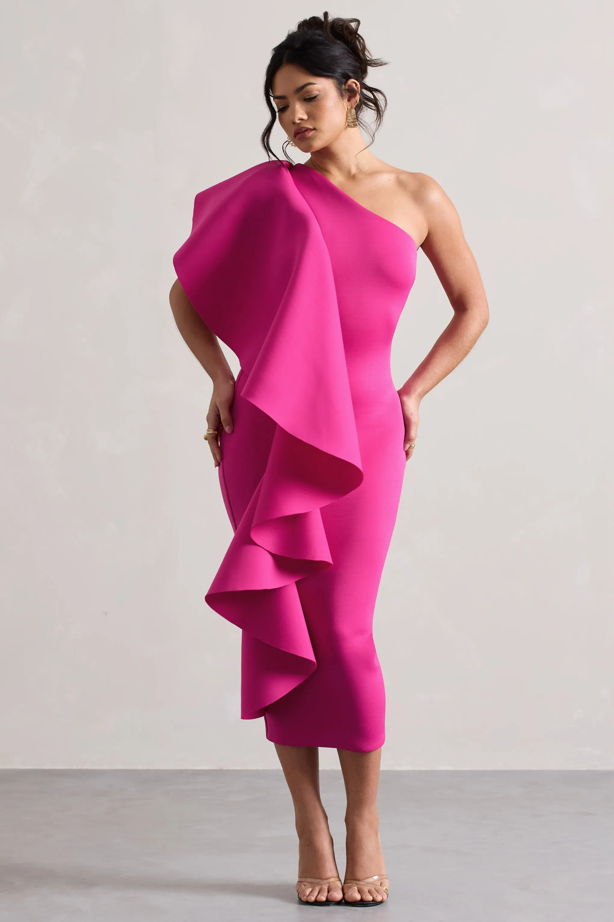 Polo | Dark Pink One Shoulder Bodycon Midi Dress With Ruffle