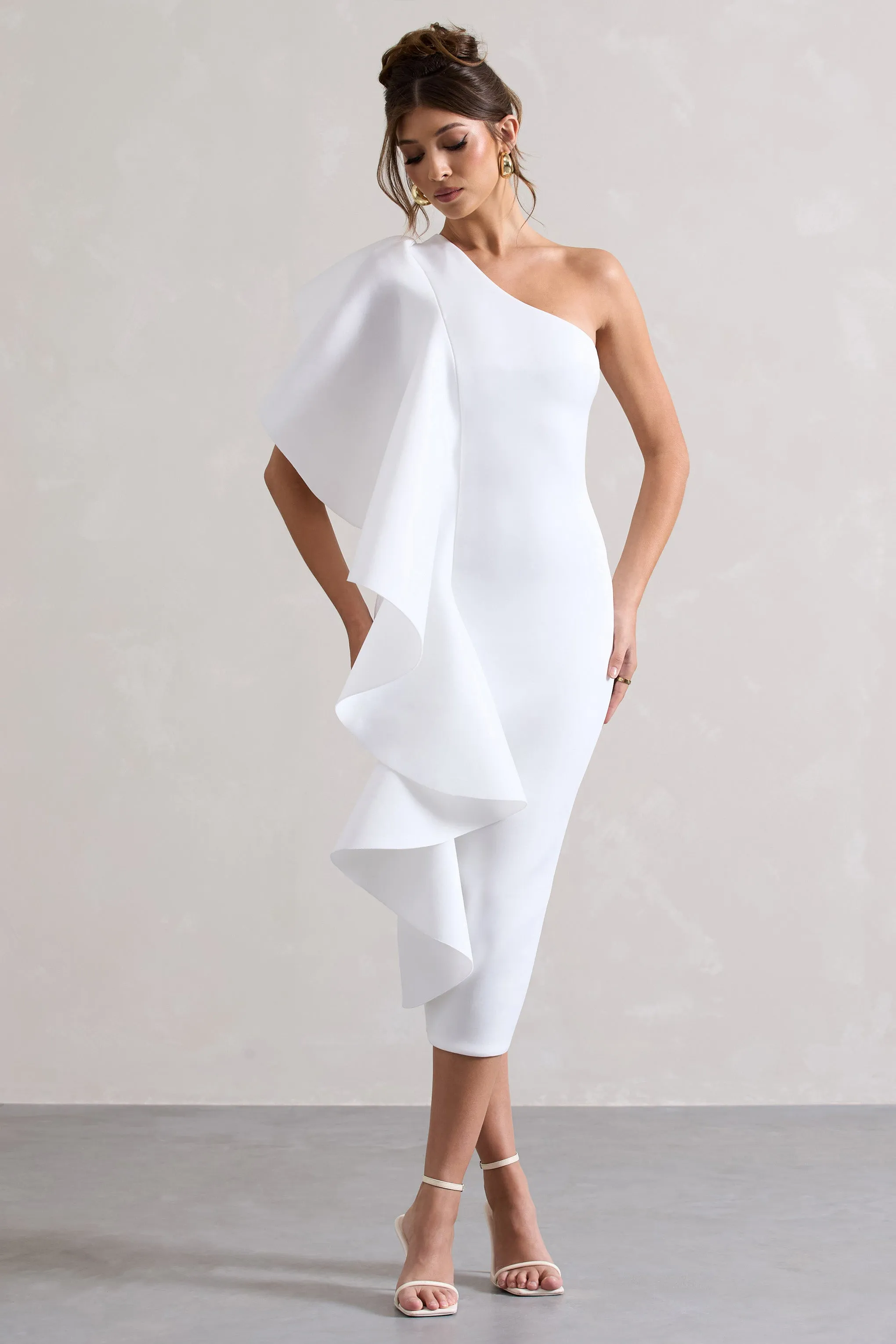 Polo | White One Shoulder Bodycon Midi Dress With Ruffle