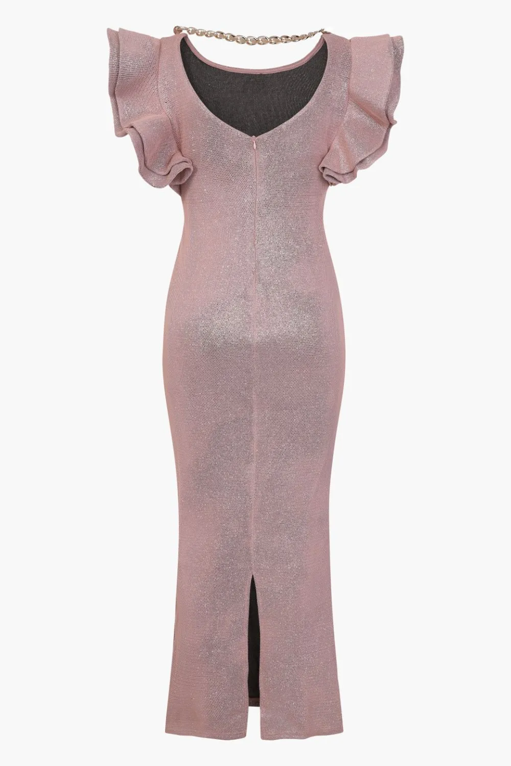 Posh Blush Glitter Sparkle Ruffle Frill Bodycon Pencil Maxi Dress